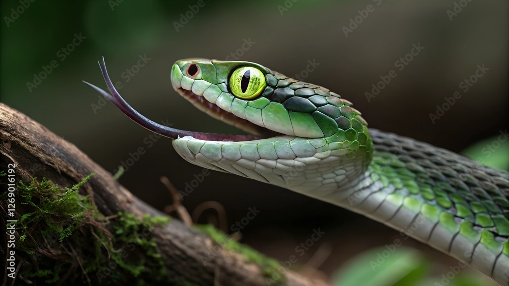 Green Tree Python Close Up: A vibrant green tree python with piercing yellow eyes, its forked tongue flicking in and out, captures the essence of the jungle's mystique. Green Tree Python Close Up: A vibrant green tree python with piercing yellow eyes, its forked tongue flicking in and out, captures the essence of the jungle's mystique.