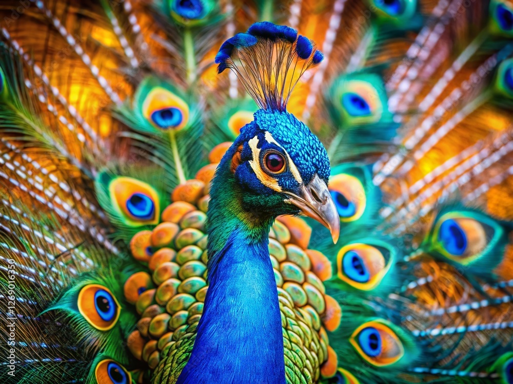 Fototapeta premium Macro Photography: Vibrant Blue Peacock Feathers, Fan Display, Orange Green Blur Background