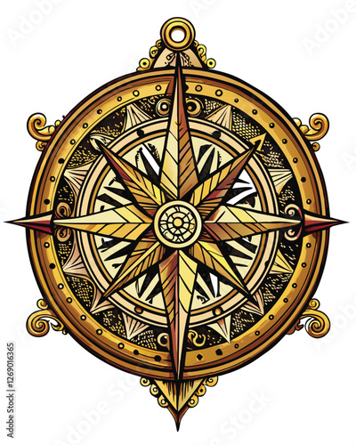 Create a detailed, bold line art illustration of a vintage compass, showcasing intricate details like the rose and markings.  High contrast, black and white.