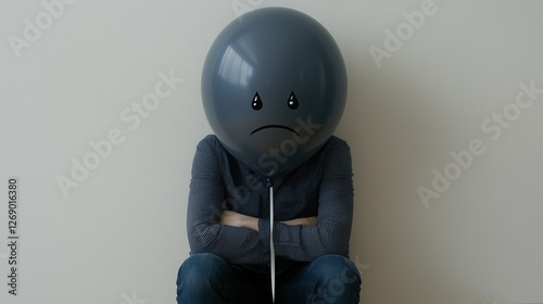 Lonely man sitting with sad face balloon representing emotional distress