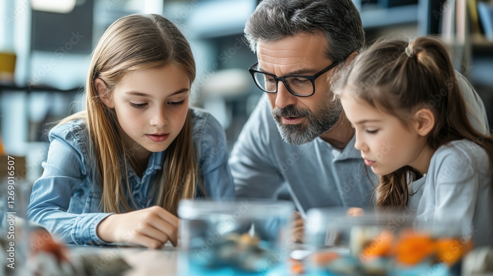 Fototapeta premium Father teaching daughters about marine life in science class
