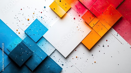 Abstract composition of colorful overlapping squares and splashes against a white background