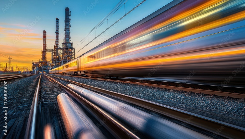 High-Speed Train Passing Refinery at Sunset High-Speed Train Passing Refinery at Sunset