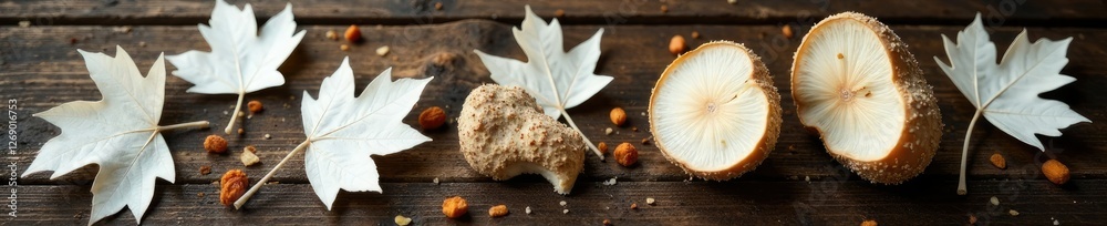White birch leaves scattered on a wooden surface with large chunks of chaga mushroom, wood, earthy, leafy White birch leaves scattered on a wooden surface with large chunks of chaga mushroom, wood, earthy, leafy