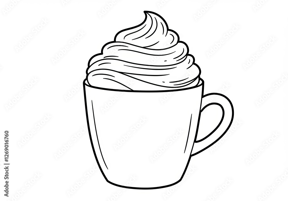 Line art coffee cup with whipped cream: simple black and white design Line art coffee cup with whipped cream: simple black and white design