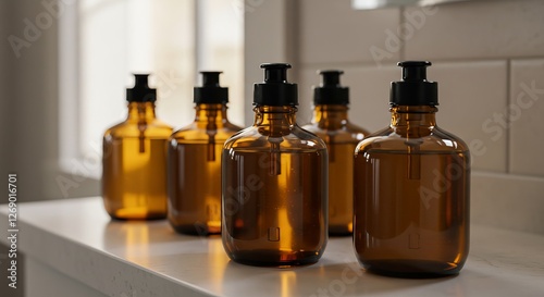 Amber glass pump bottles on marble counter in sunlit bathroom setting photo