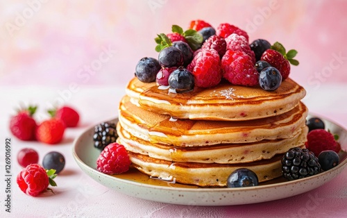 Wallpaper Mural Fluffy pancakes with maple syrup and berries on a pastel background Torontodigital.ca