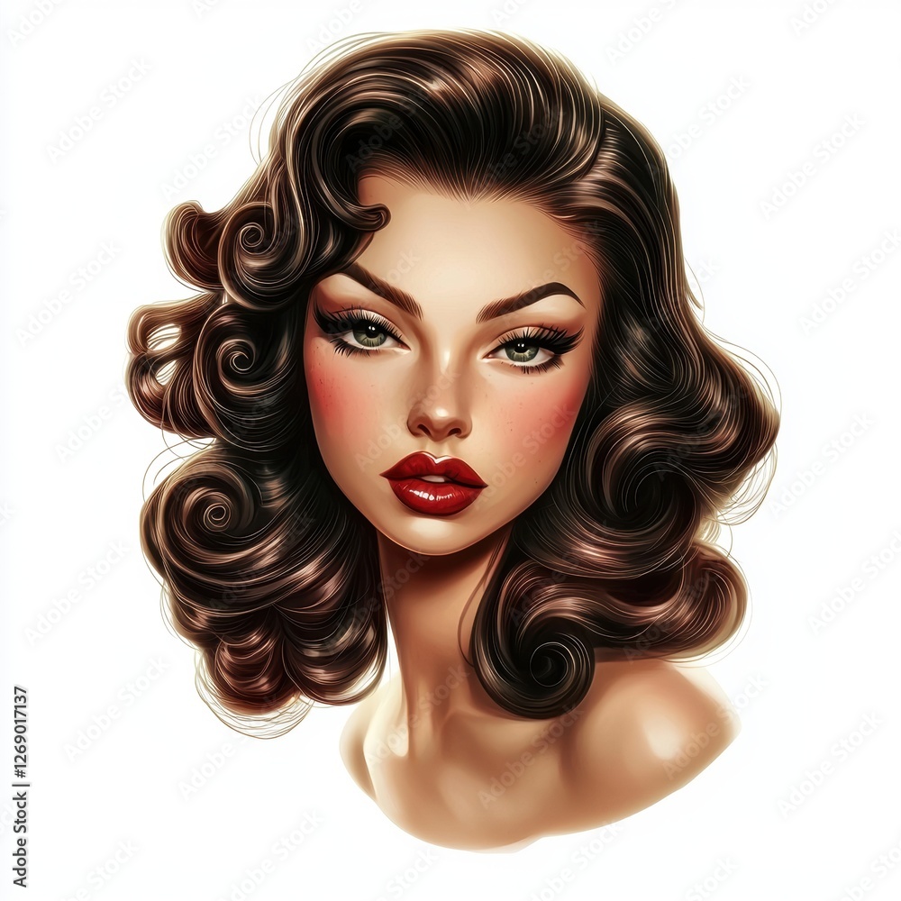 Fototapeta premium Glamorous woman with Hollywood-style curls isolated on white