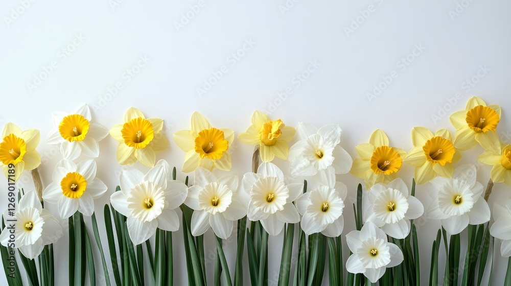 Obraz premium Spring Daffodil Border on White Background