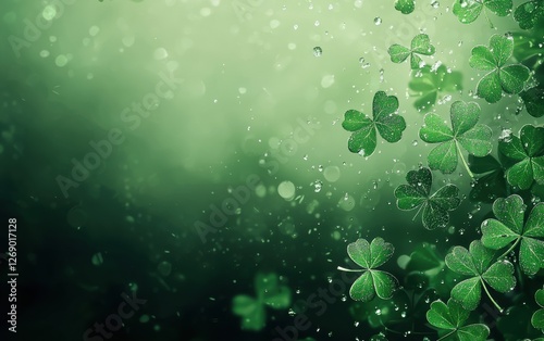 Flying green candy rain with shamrock shapes on gradient background photo