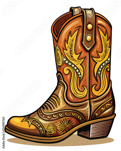 A detailed line drawing of a vintage cowboy boot with spurs, bold lines, hand-drawn style, emphasizing texture and wear.