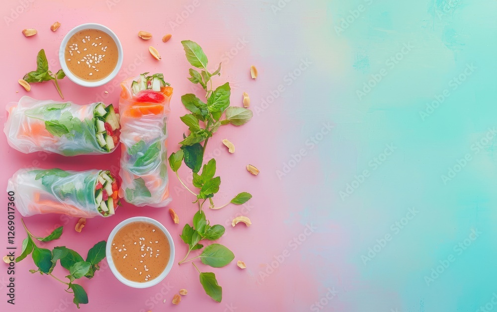 Naklejka premium Fresh summer rolls with peanut dipping sauce on a pastel background