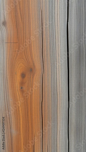 Weathered wood texture with a gradual shift from warm brown tones to cool grey hues, grainy, abstract