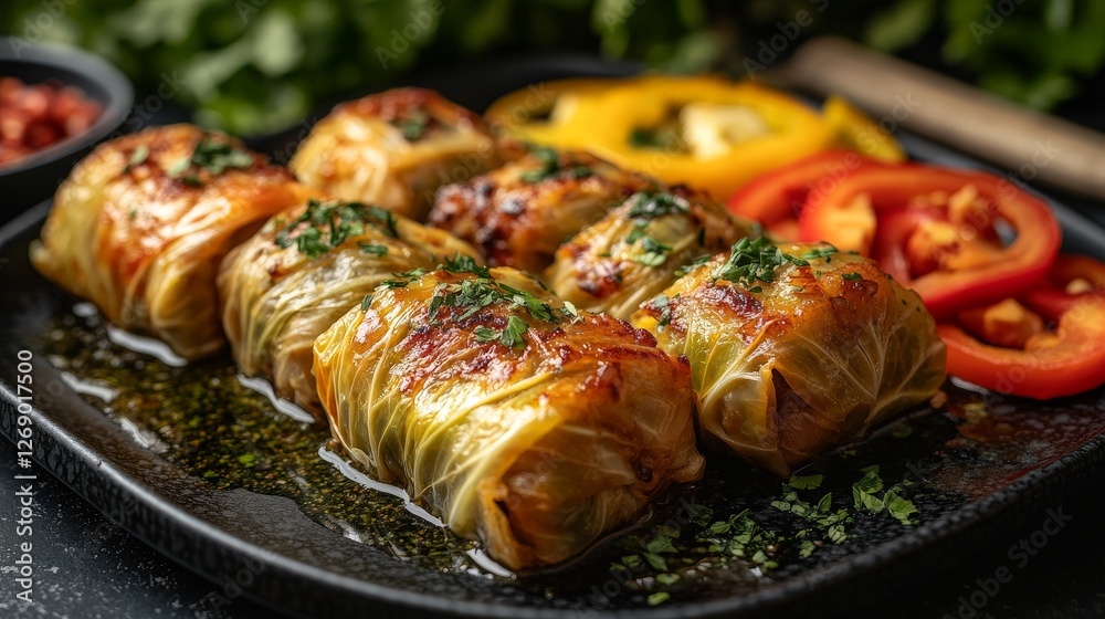 A plate of stuffed cabbage rolls garnished with herbs and served with colorful peppers. A plate of stuffed cabbage rolls garnished with herbs and served with colorful peppers.