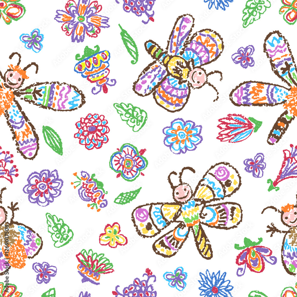 Butterfly floral seamless pattern. Fantastic doodle background crazy flying insect and flower. Crayon like kid`s hand drawn colorful bright funny cartoon art. Pastel chalk or pencil vector