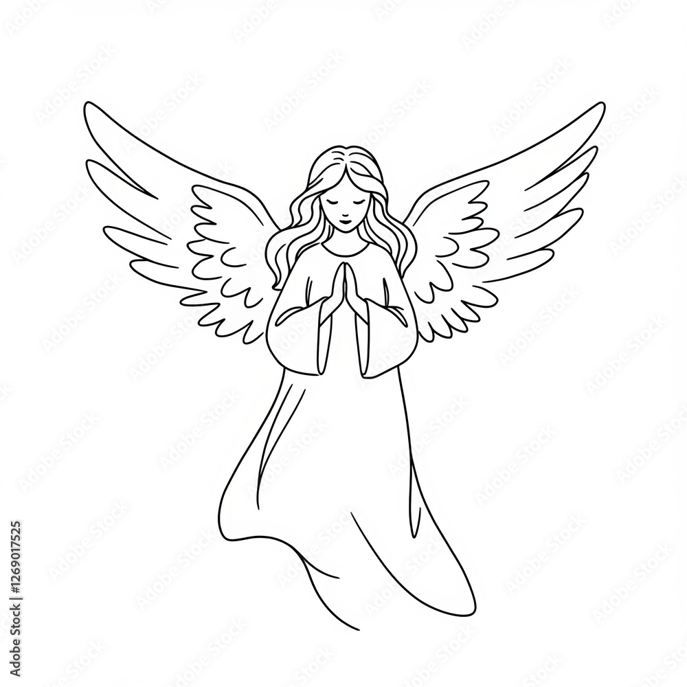 Line art illustration of angel with wings and halo in prayer pose Line art illustration of angel with wings and halo in prayer pose