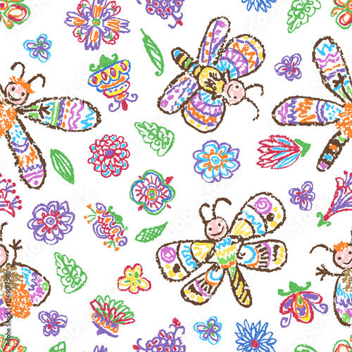 Obraz na płótnie Butterfly floral seamless pattern. Fantastic doodle background crazy flying insect and flower. Crayon like kid`s hand drawn colorful bright funny cartoon art. Pastel chalk or pencil vector w salonie
