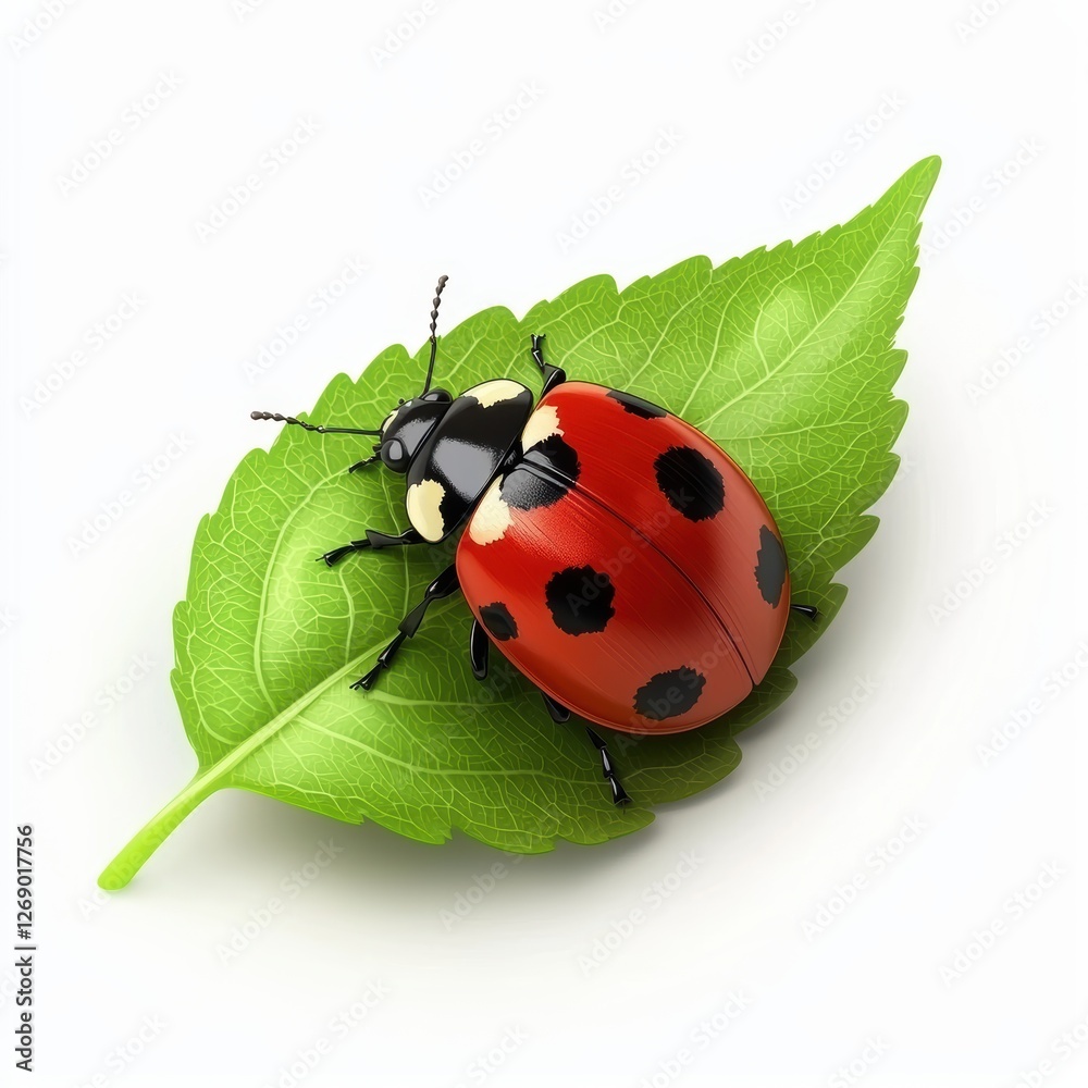 Fototapeta premium Ladybug resting on a green leaf isolated on white