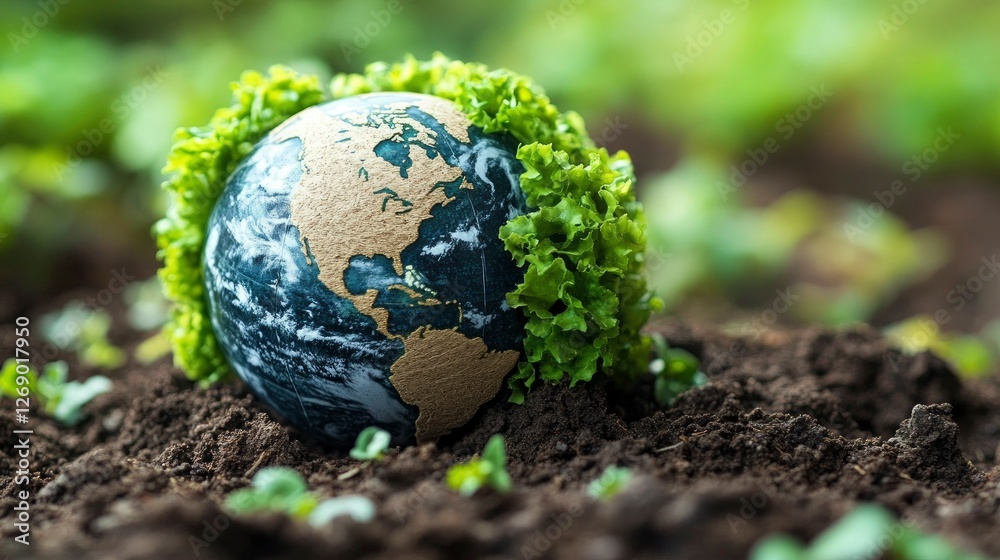Earth Globe Nestled in Green Lettuce Surrounded by Rich Soil Earth Globe Nestled in Green Lettuce Surrounded by Rich Soil