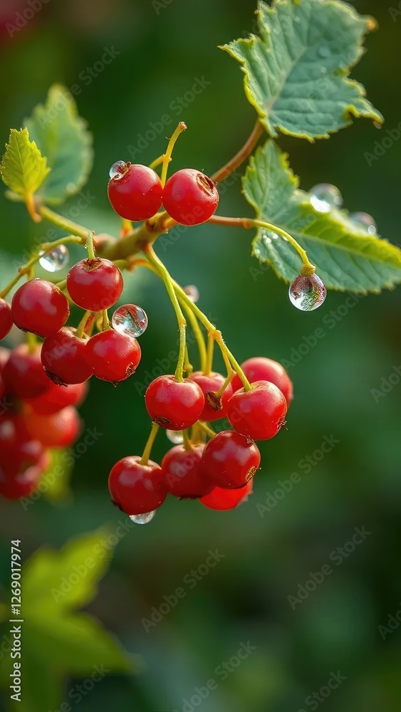 Tiny currant berries ripening in the morning dew, outside, water droplets Tiny currant berries ripening in the morning dew, outside, water droplets