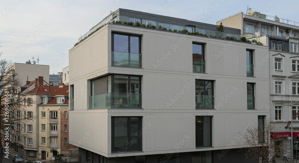 Modern urban apartment building with minimalist architecture and glass balconies Modern urban apartment building with minimalist architecture and glass balconies