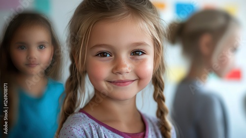 Portrait of a Smiling Little Girl with Two Pigtails, other Children Blurred in Background
