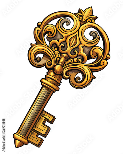 Generate a high-resolution image of a bold, vintage skeleton key featuring intricate, ornate carvings.  The key should be sharply focused, showcasing detailed textures.