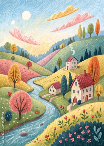 Picnic in the village: a panorama of nature drawn with bright colored chalks

