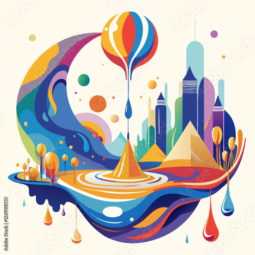 An imaginative abstract cityscape with colorful buildings, floating islands, and swirling patterns creating a surreal and dreamlike world.