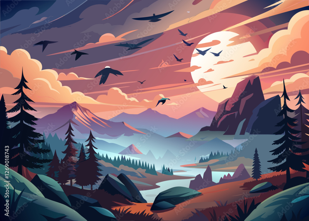 Birds flying over a majestic mountain range with a serene lake and dense forest below. Birds flying over a majestic mountain range with a serene lake and dense forest below.