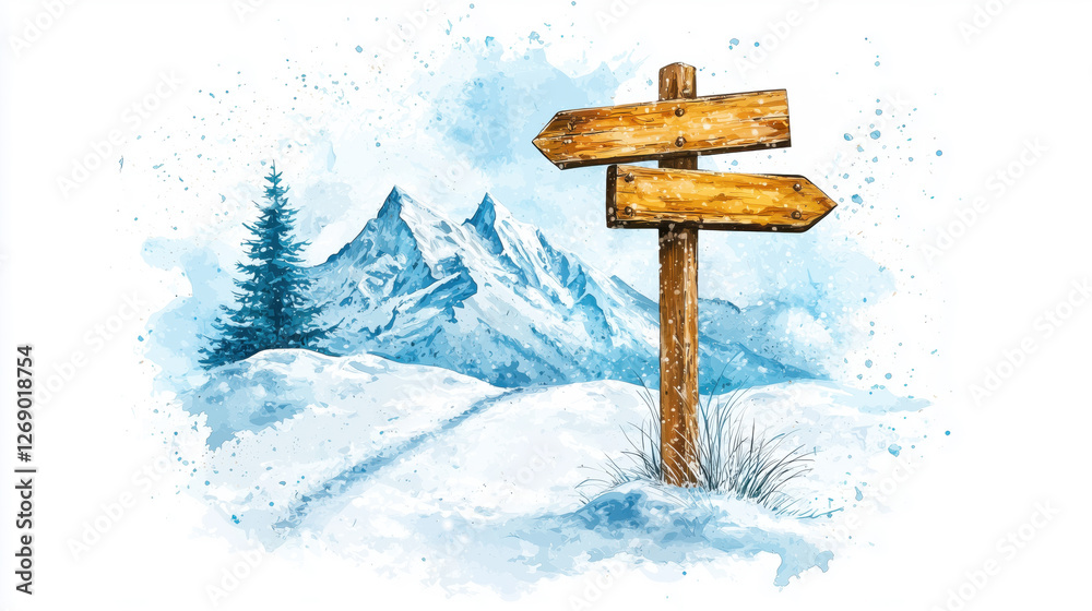 Naklejka premium Rustic Mountain Trail Signpost Watercolor with Snowy Peaks – Winter Adventure Theme