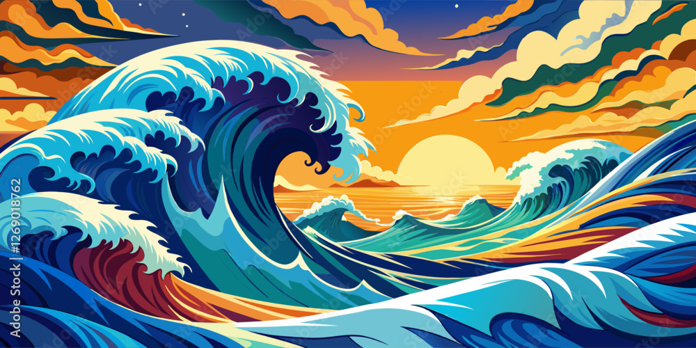 Fototapeta premium Vibrant sunset over the ocean with powerful waves crashing.