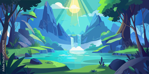 A breathtaking forest landscape with a waterfall, lush greenery, and towering mountains under a bright blue sky.