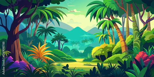 Vibrant Jungle Landscape with Dense Foliage and Flowers.