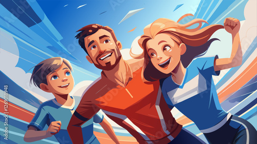 Excited family running together in a vibrant and colorful outdoor setting.