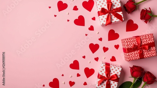 Valentine's Day flat lay composition with gift boxes wrapped in heart-patterned paper and red ribbons, surrounded by red flowers and heart-shaped decorations on pink background. Love, romance concept
