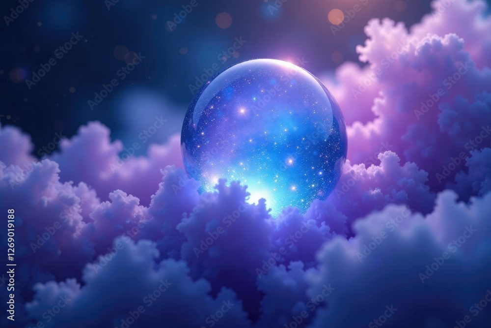 Obraz premium Soft lavender mist swirls around an orb of iridescent blue light, luminous, blue, texture