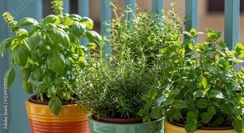Lush herb garden with basil, rosemary, mint, and thyme in vibrant pots on a sunny balcony
