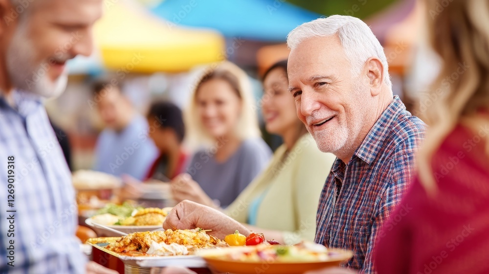 Elderly man enjoying a meal at a vibrant outdoor food festival with smiling friends nearby Elderly man enjoying a meal at a vibrant outdoor food festival with smiling friends nearby