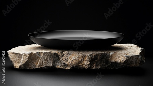 Black bowl on rough stone pedestal, dark background.