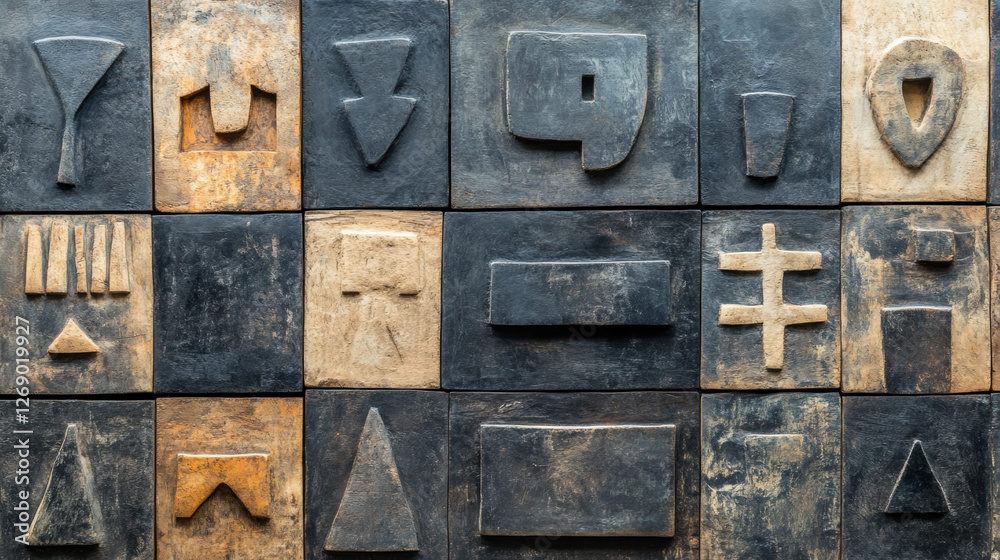 Abstract symbols on textured tiles Abstract symbols on textured tiles