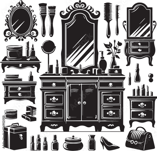 Black Color Vanity Cabinet Silhouette Vector Illustration design, Solid White Background