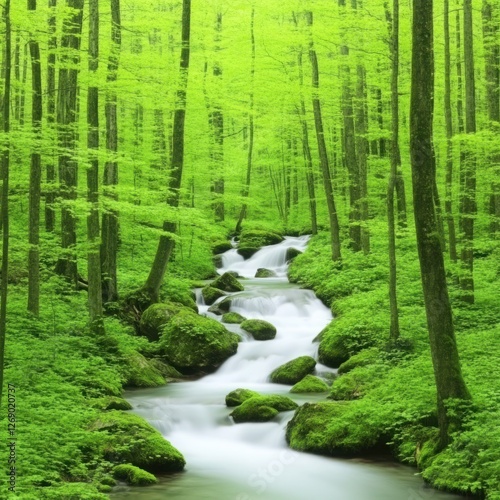 Lush Green Forest with Gurgling Stream Flowing Through Vibrant Foliage in a Peaceful Natural Landscape Perfect for Nature Lovers and Adventure Seekers photo