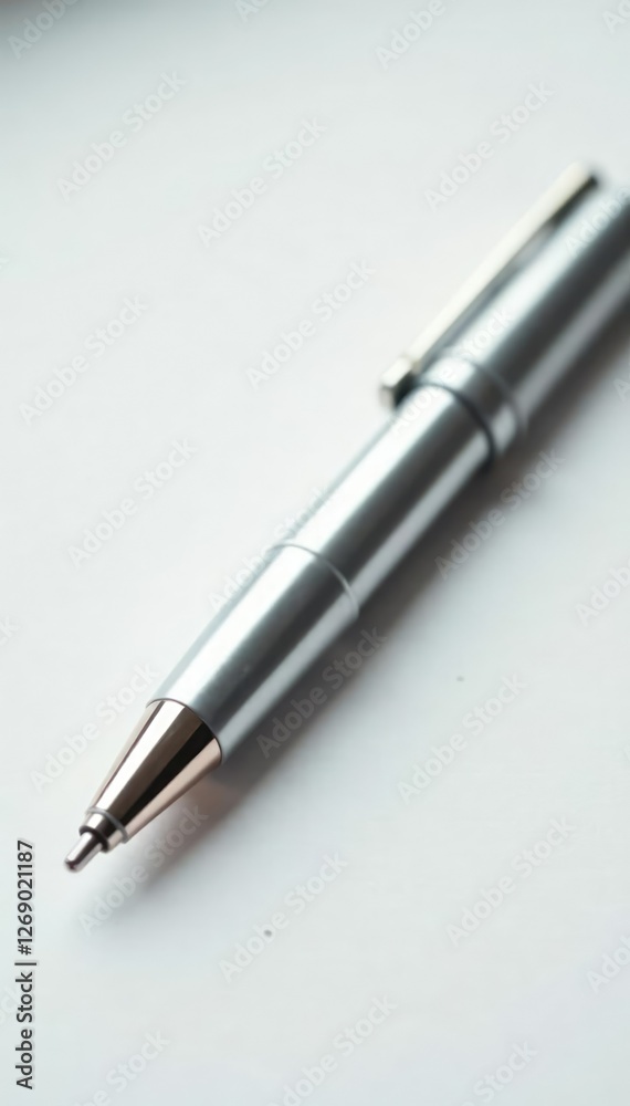 Shining silver pen lies on a soft white background, metallic, gentle, shining