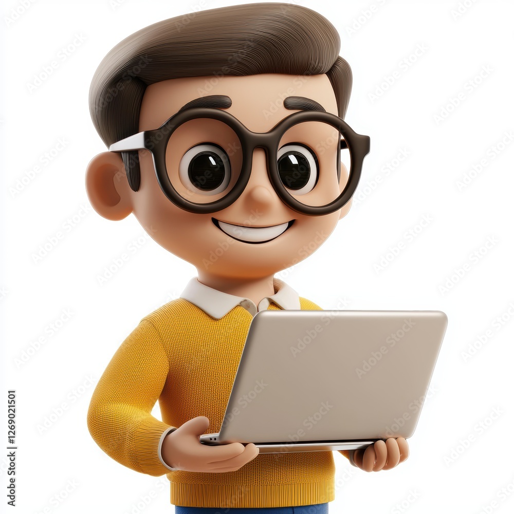 Tech geek with large round glasses holding a laptop isolated on white Tech geek with large round glasses holding a laptop isolated on white