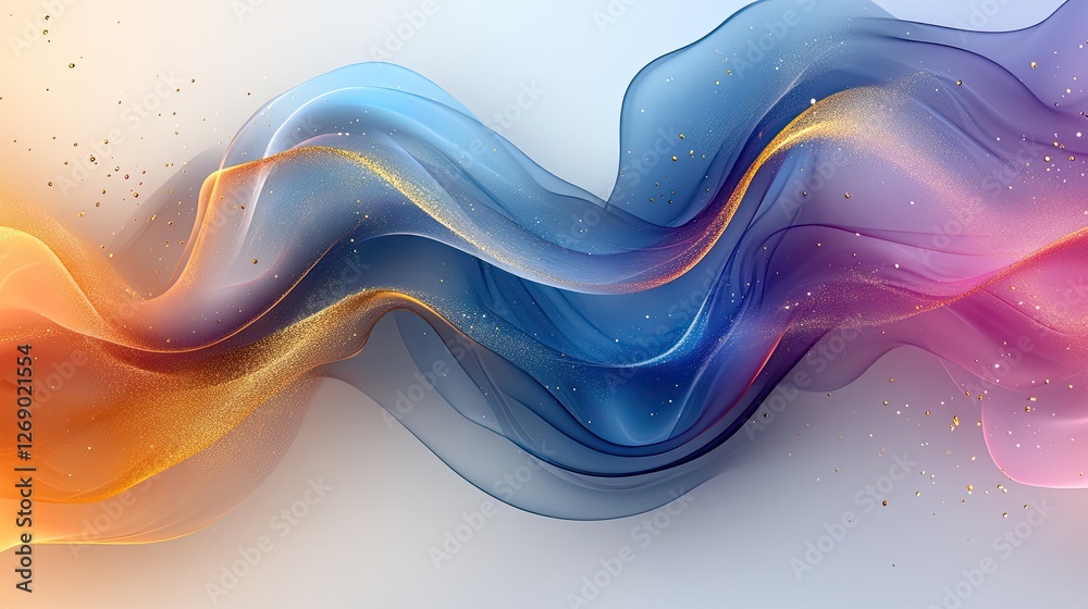 Obraz premium Abstract flowing waves of blue, orange, and pink colors with golden sparkles on a soft background