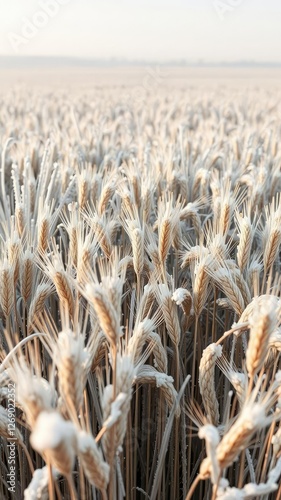 Frost covered wheat in a snowy agricultural field, frozen wheat, cold weather effects, seasonal change