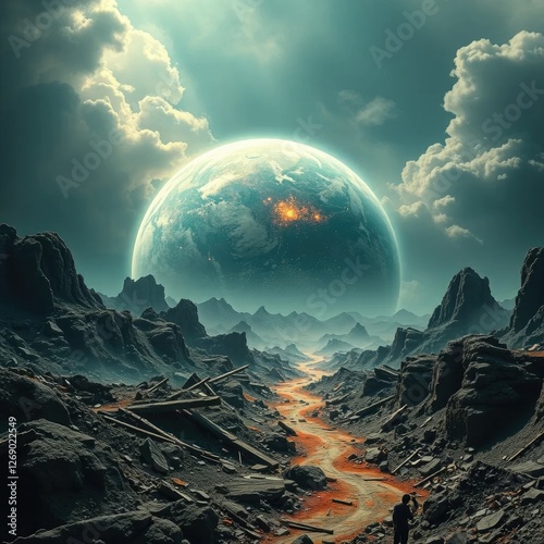 Planetary landscape ravaged by deflation and destruction, earth, devastation