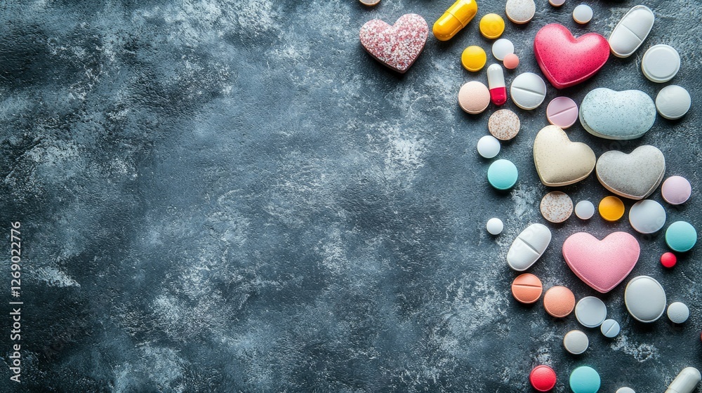 Colorful Heart-Shaped Pills and Tablets Scattered on Dark Textured Background Colorful Heart-Shaped Pills and Tablets Scattered on Dark Textured Background