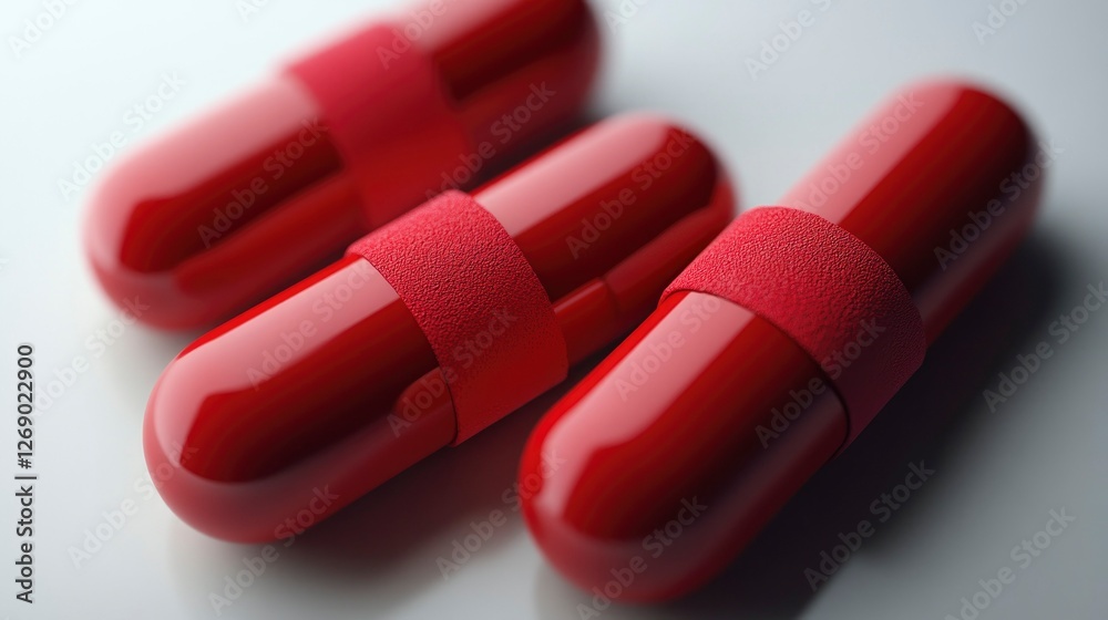 Close-up of Three Red Capsules with Red Bands - Pharmaceutical Medicine Concept Close-up of Three Red Capsules with Red Bands - Pharmaceutical Medicine Concept